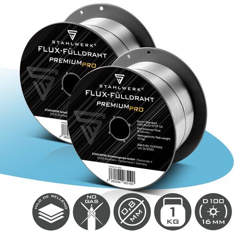 STAHLWERK alambre tubular MIG/MAG Ø 0,8 mm E71T-GS S100/ D100 bobina de alambre 1 kg juego de 2