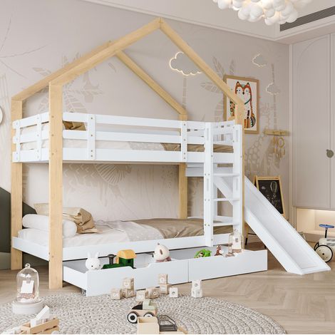 Cama infantil litera casita con tobogán y cajones OKMYHOME (1/5)