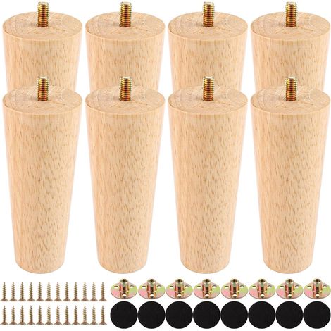 Lot de 8 Pieds de Meuble en Bois, 12 cm Pieds de Meubles Rechange avec Plaque de Montage et vis Pieds de Canapé Bois pour Canapé Bois pour Canapé Lit Tiroir Fauteuil Table de Nuit Armoire (1/5)