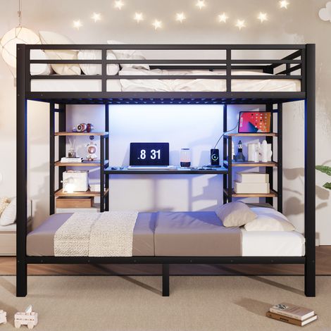 Lit superposé 204x145x170 cm – 2 couchages 140x200 et 90x200 avec LED et USB – Métal et MDF – Noir (1/5)