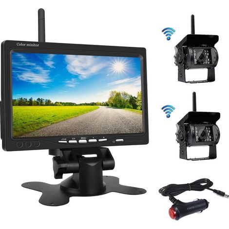 Kit de vidéosurveillance sans fil – Écran LCD 7 pouces – 2 caméras de recul IP67 – Vision nocturne – Alimentation 12-24V – Compatible bus, SUV, camions (1/5)