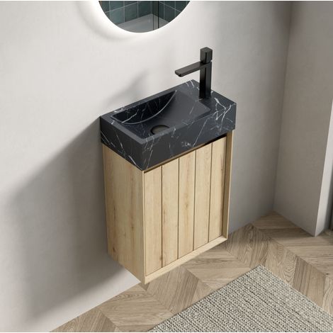 Mobile bagno con lavabo integrato 40 cm a parete, marmo nero e legno chiaro DESVIAE (1/5)