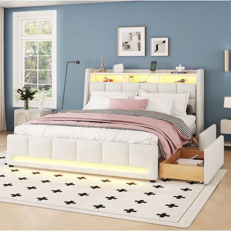 Lit rembourré en lin beige 140x200 cm avec tiroirs, rangement tête de lit, USB et éclairage LED, sans matelas (1/5)
