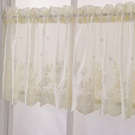1 tulle curtain, jacquard tulle curtain, country house style bistro curtain, curtain rod not included, beige (W 74 cm x H 61 cm) (1/5)