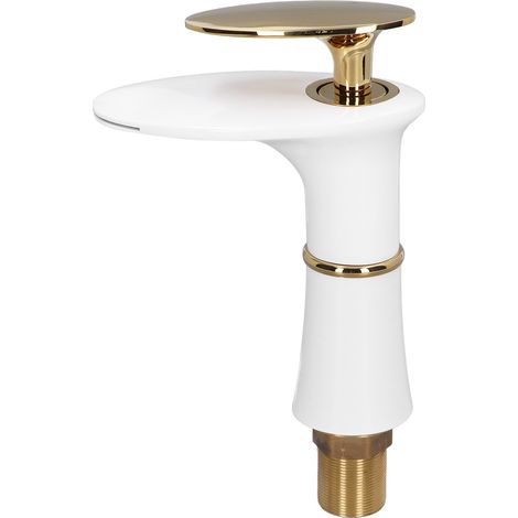 Robinet de salle de bain G1/2, robinet cascade monotrou pour lavabo, idéal pour la maison ou le bureau, blanc et or, style court avec poignée dorée. (1/5)