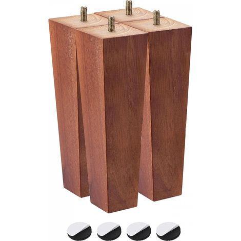 Lot de 4 pieds de meubles carrés en bois massif - 200 mm - Pour canapé, chaise, table - Marron (1/5)