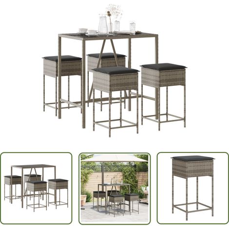 The Living Store Ensemble de bar de jardin 5 pcs avec coussins gris poly rotin - Salon De Jardin - Set Salon De Jardin - Mobilier De Jardin - Table Basse Jardin - Chaise Lounge (1/5)