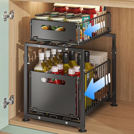 Étagère de Rangement Sous Évier en Métal 2 Niveaux, Tiroir Coulissant Organisateur Placard Cuisine Salle de Bain, Rangement Gain de Place Plan de Travail