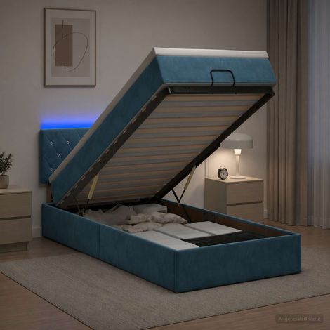 Lit coffre avec matelas et LED Bleu foncé 90 x 200 cm Velours (1/5)