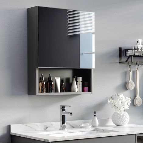 Armoire de toilette murale avec miroir, acier inoxydable noir, 46 x 13,5 x 58 cm, 3 compartiments intérieurs, porte à fermeture douce - CHICFURN (1/5)