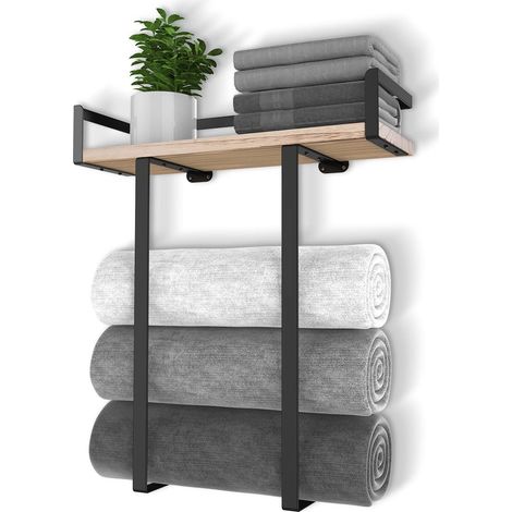 Porte-serviettes mural métal avec étagère bois - Rangement grandes serviettes - Idéal petite salle de bain, décoration ou camping - Équipement pratique (1/5)