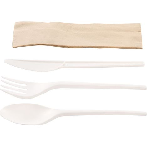 Kit couverts blanc 4 en 1 CPLA : couteau + fourchette + cuillère + serviette kraft - 500 unités - Betik