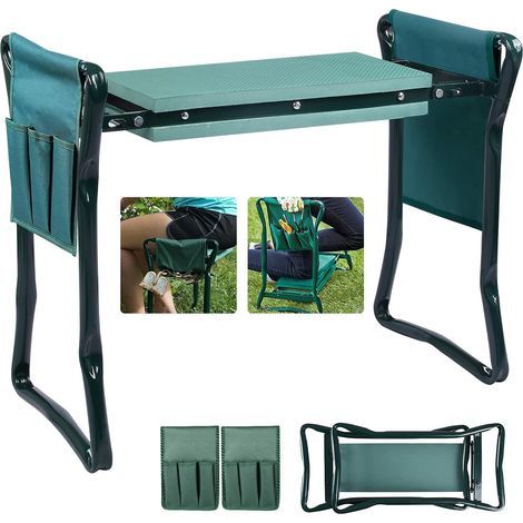 Tabourets de Jardinage Pliable, Agenouilloir de Jardin Siège de Jardin Banc de Jardinage avec 2 Sacs à Outils et Coussinet en Mousse EVA épaissie, Support Jusqu'à 150 kg, 60x27x49cm (1/5)