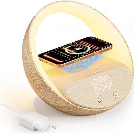 Chargeur Induction avec Enceinte Bluetooth Reveil Simulateur d'aube 15W Wireless Charger avec éclairage, 7 Bruit Blanc 5.3 Bluetooth, Veilleuse Colorée la chambre Cadeau Femme Homme (1/5)