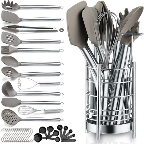 38-teiliges Küchenhelfer-Set aus antihaftbeschichtetem Silikon, bestehend aus Pfannenwender und Löffel, inklusive robustem Edelstahl-Besteckhalter, spülmaschinenfest (1/5)