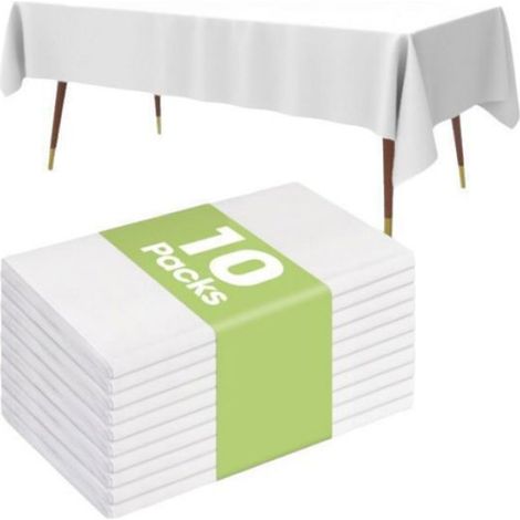 Lot de 10 nappes en plastique, 137 x 274 cm environ, jetables, blanches, idéales pour les fêtes, les pique-niques et les mariages (1/5)