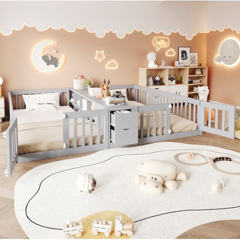 CHICFURN Cama doble infantil 90x200 cm gris de madera con almacenaje y barreras altas (1/5)
