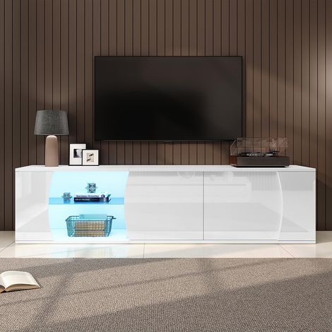 Meuble TV de 180 × 40 × 45 cm, avec 3 portes en verre trempé et éclairage LED, adapté aux téléviseurs de 80 pouces, blanc