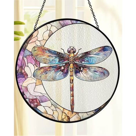 Attrape-soleil vitrail libellule sur lune 9 cm, décoration fenêtre, cristal et arc-en-ciel