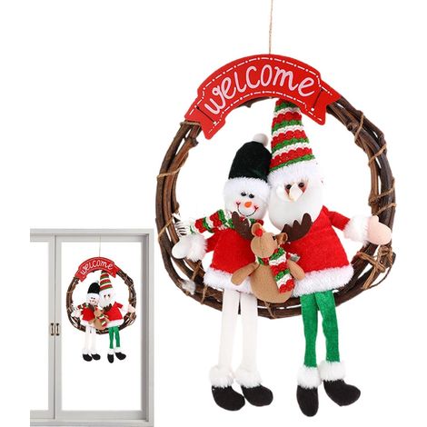 Couronne de Noël en rotin avec Père Noël et Couronne de porche décorative pour porte d'entrée et suspension murale Ornement festif pour décoration de vacances Couronne décorative en roti (1/5)