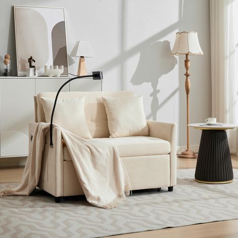 Canapé convertible 1 place pliable en tissu beige avec port USB et support tablette OKMYHOME (1/5)