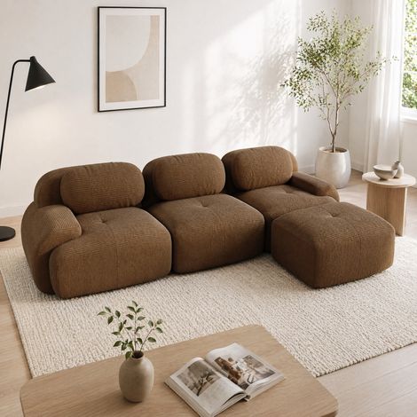 Sofá esquinero modular de terciopelo acanalado marrón 298 x 178 x 70 cm sin montaje OKWISH (1/5)