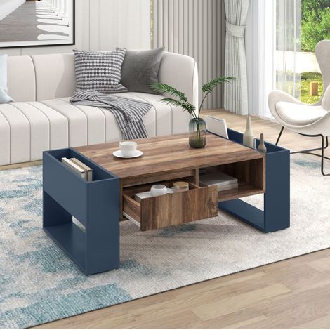 Mesa de centro con almacenaje 111 x 60 x 40 cm, cajón sin tirador, madera y antracita DESVIAE (1/5)
