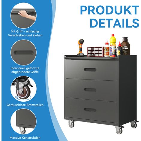 Coffre à outils roulant métallique haut de gamme – noir/gris, 3 tiroirs, 75x42x88 cm, idéal garage, atelier et bureau
