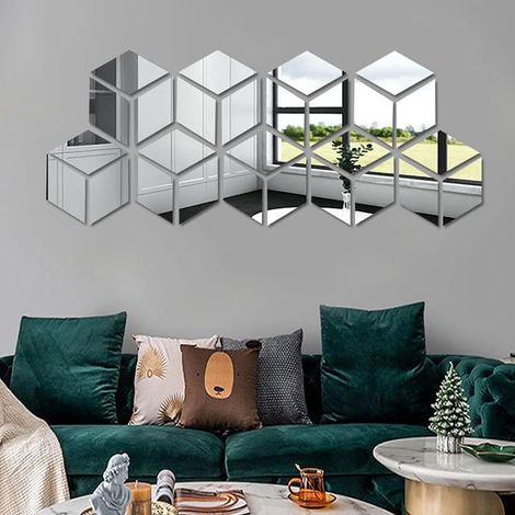 Miroir Mural Autocollant, 24 Pièces 3D Auto-Adhésif Amovible Triangle Stickers, 14  8cm, Miroir Brochage Bricolage Stickers Muraux Carreaux de Papier Peint, pour la Maison Salon (Silver)