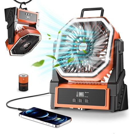 30000mAh Ventilateur Camping, 4 Vitesses Silencieux Ventilateur USB avec LED, 270° Rotation Ventilateur de Table Rechargeable, Ventilateur Batterie pour Voyager, Pique-nique, Randonnée (1/5)