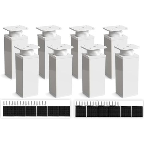 Juego de 8 patas ajustables para muebles de 40 x 40 x 100 mm - Patas cuadradas blancas para muebles de metal y plástico - Patas metálicas regulables en altura - Patas para armarios - Extensiones de pa