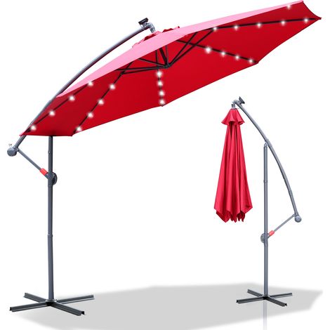 Parasol avec LED 350 cm avec protection UV 30+ Manivelle Pliable Alu Rond Balcon Terrasse Parasol de marché Manivelle Rouge (1/5)