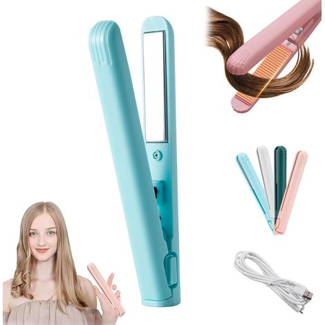 Mini fer à friser, double usage, peigne pour petites boucles, mini fer à friser et à lisser, portable, pour cheveux courts et tous types de cheveux (bleu) (1/5)