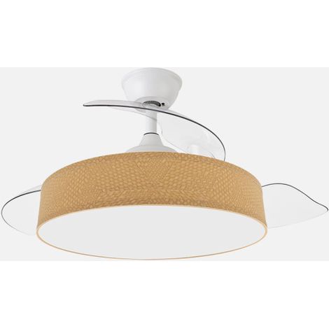 ABRILA - Ventilador Boga 72W Blanco/Amarillo  Ventilador DC con 3 Aspas Desplegables  Tecnología LED 7200lm  Control Remoto con Memoria de Color y Temporizador  3 Temperaturas de Luz
