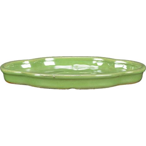 Sottovaso per bonsai ovale (forma mokko) in gres smaltato verde 27x20,5x2 cm - GA11S