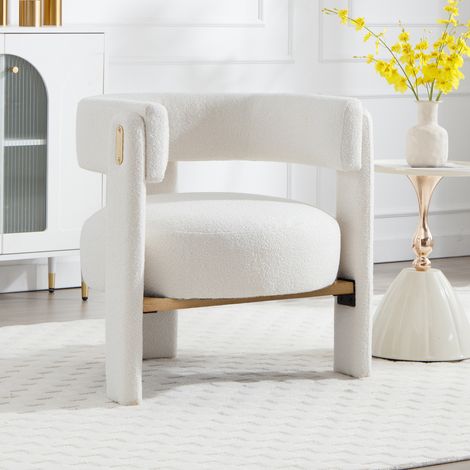 Wahson Fauteuil de Salon en Fausse Fourrure Fauteuil Salon Confortable avec Sièges Rembourrés Fauteuil Scandinave, Pied Bois, Blanc