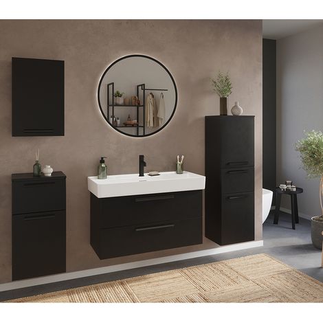 Badmöbel Komplett Set in schwarz, LED-Spiegel rund und Waschtisch mit Keramikbecken - ATELLA-03 (1/5)