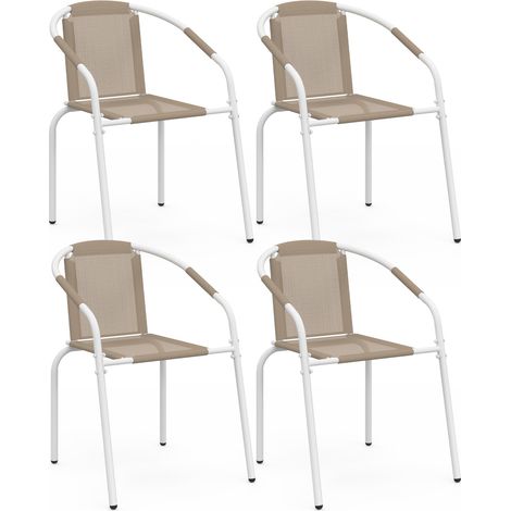 Lot de 4 chaises de jardin THELMA métal et textilène empilables blanc et beige (1/5)
