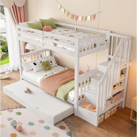 Etagenbett 90/200 cm weiß aus Kiefer und MDF mit Ausziehbett und Treppenregal (1/5)