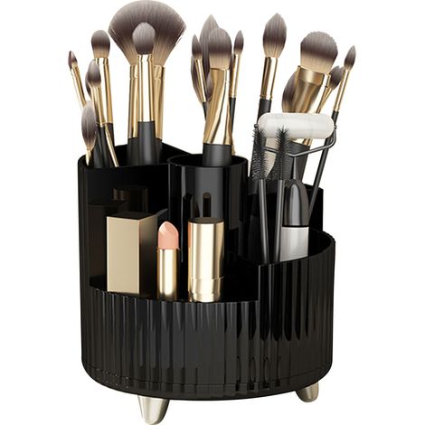 Porte-pinceaux de maquillage rotatif 360°, gobelet de rangement cosmétique pour coiffeuse, parfum, rouge à lèvres, noir élégant (1/5)