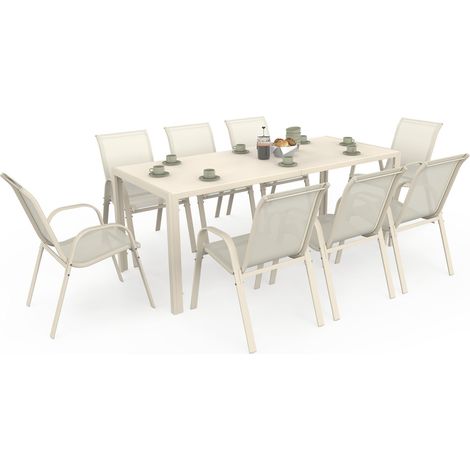 Salon de jardin MADRID table 190 cm et 8 chaises empilables beige (1/5)