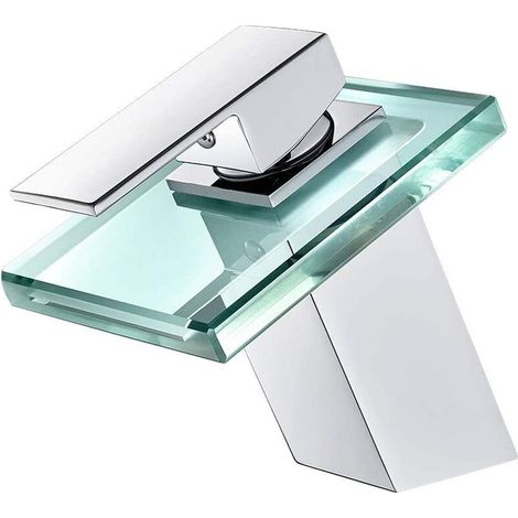 Robinet Lavabo avec LED RGB Mitigeur de Salle de Bain Cascade avec 3 Changements de Couleur Robinet Cascade Verre en Laiton Chromé pour Salle de Bain