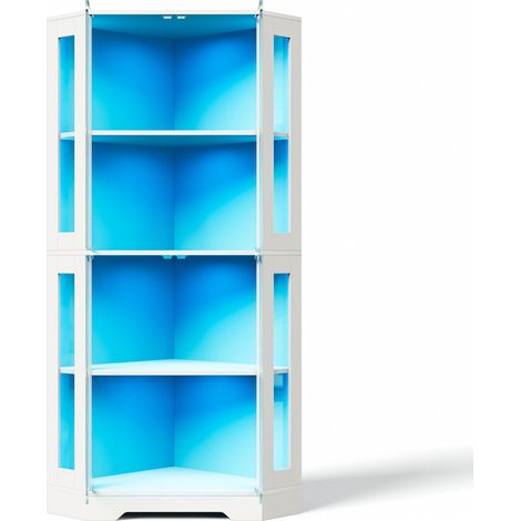 CHICFURN Meuble de cuisine colonne vitrine LED blanche 40 x 40 x 165 cm, armoire de rangement avec 4 portes en verre trempé, étagères réglables pour salle à manger (1/5)