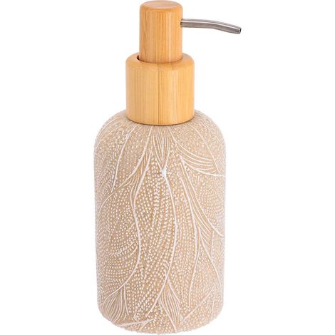 Distributeur a savon rond polyresine imprimee botanique pompe bambou 360 ml - beige - Tendance (1/2)
