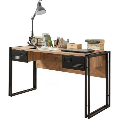 Dmora - Scrivania Alkes, Scrittoio multiuso, Tavolo per ufficio porta PC, Piano di lavoro, 139x60h75 cm, Quercia e Nero, con imballo rinforzato, con imballo rinforzato