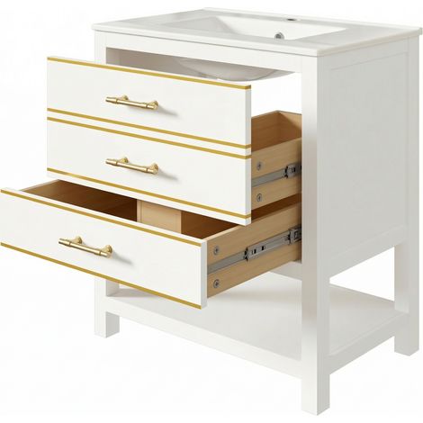 Waschtischunterschrank mit 2 Schubladen und 1 Offenem Fach, Keramikbecken, aus MDF, Weiss und Gold, 76 cm (1/5)