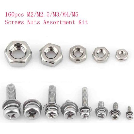 160-teiliges Sortiment an Senkkopfschrauben und -muttern aus Edelstahl SS304 M2 M2.5 M3 M4 M5 (1/5)