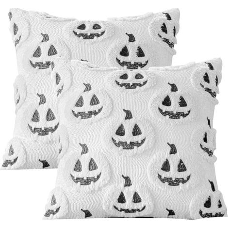 Set of 2 Halloween Cushion Covers Funny Ghosts and Pumpkins 45 x 45 cm Halloween Decoration for Sofa Bedroom and Party (White) (1/5)