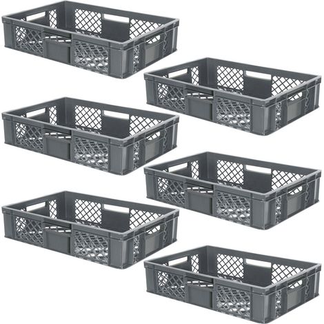 BRB lot de 6 Bac gerbable normes Europe à parois et fonds ajourés - L x l x h 600 x 400 x 150 mm - gris
