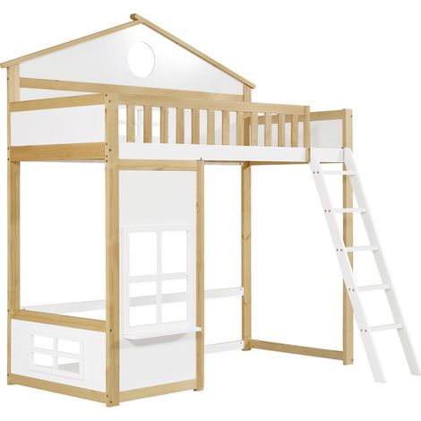 Lit superposé, lit cabane, avec escalier, avec protection antichute et barrières, lit enfant avec toit et fenêtre, sous-lit librement aménageable, cadre en pin, pin+MDF, blanc+naturel, 90x200cm (1/5)
